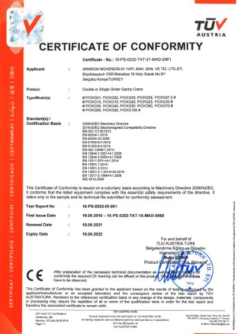 CE Gantry Crane Certificate
